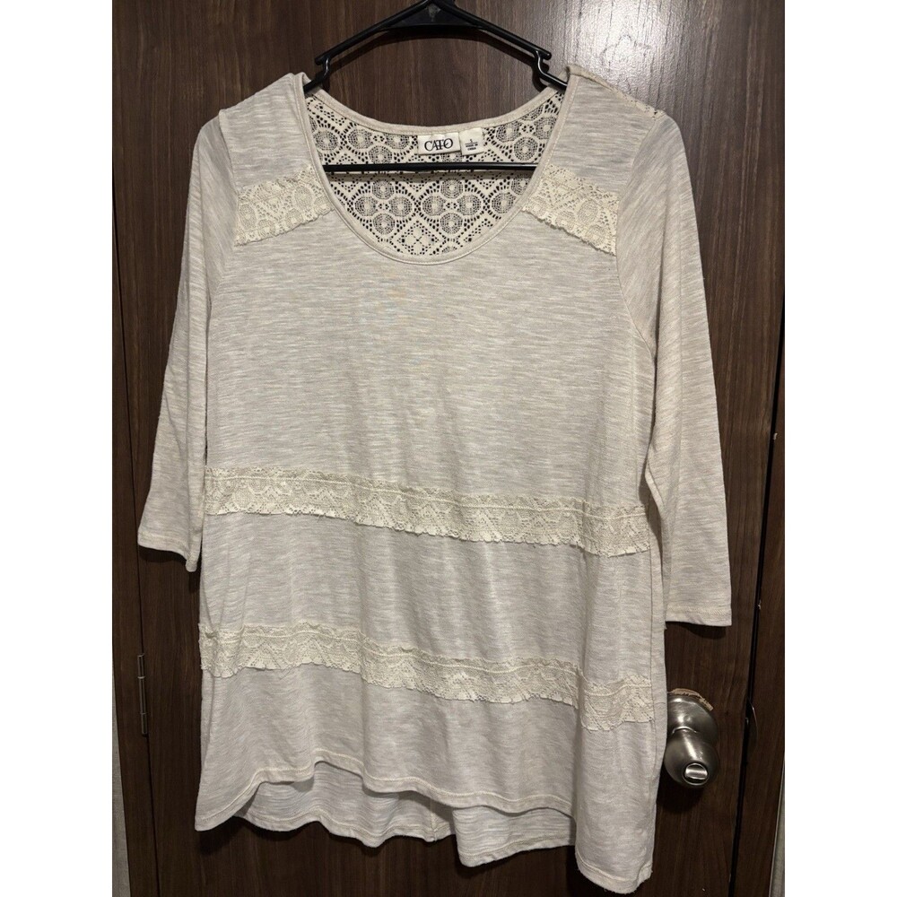 Cato Women's 3/4 Sleeve Sheer Ivory Lace Trim Round Neck Casual Top Size Small